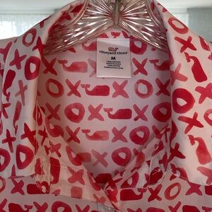 Vineyard Vines Pink and White XO Whale Short Sleeve Button Down Shirt